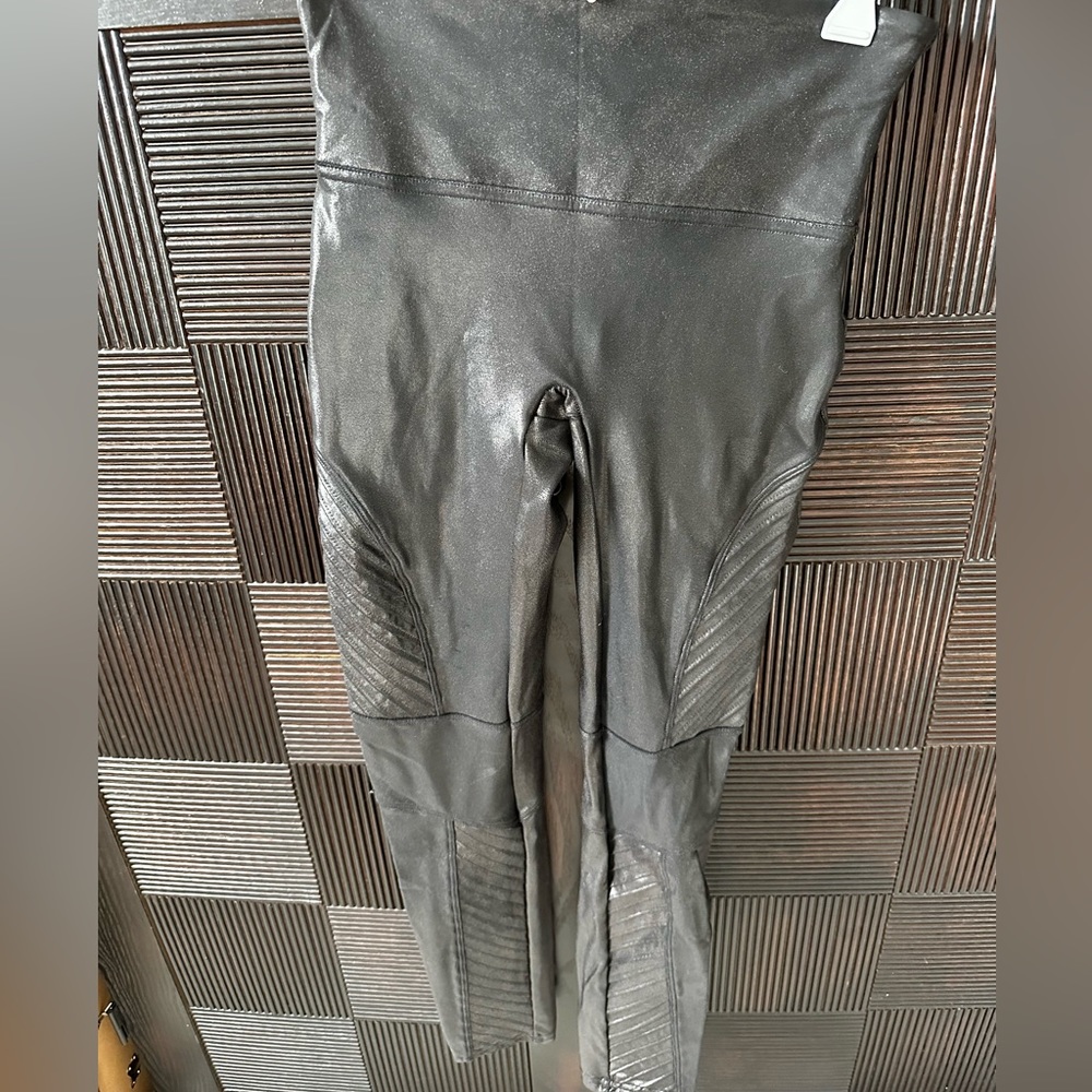 Spanx moto leather leggings, black, small petite